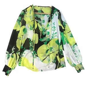 WHBM Green Leaf Print Sheer Blouse Balloon Sleeves‎ Tie Neck Medium